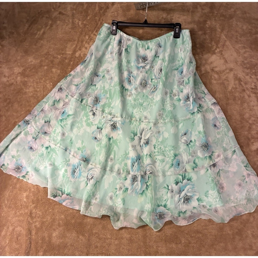 Women Skirt Mint Green Floral Tiered Midi Size 16 Lined Fairycore Whimsigoth Y2K